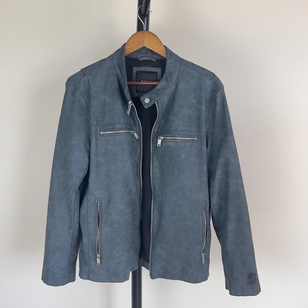 DKNY Mens Perforated Faux Leather Moto Jacket Blue Grey Racer Small